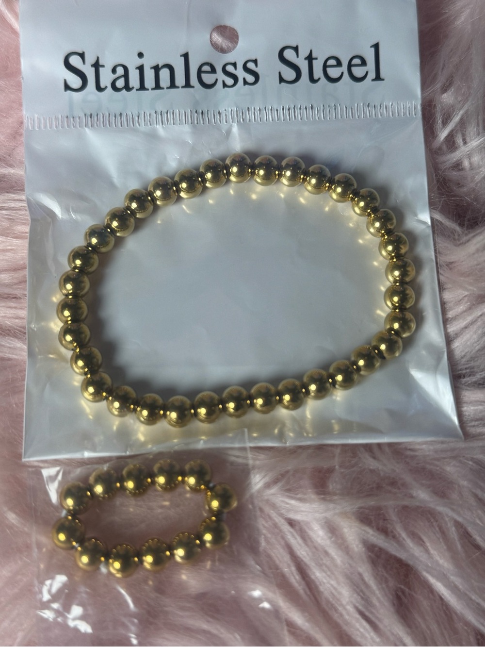 Gold Beaded Stretch Bracelet and Ring Set - Stainless Steel Finish